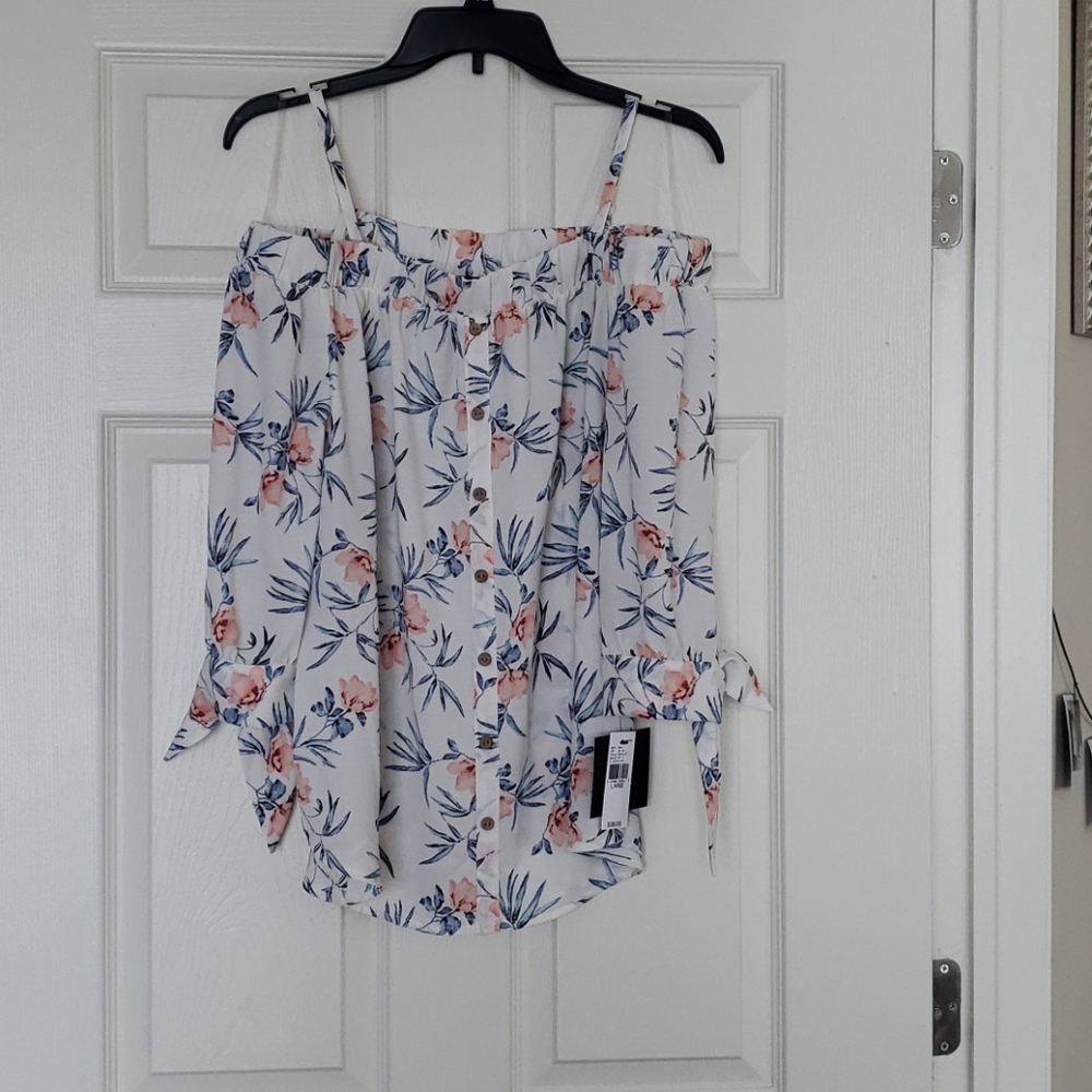 Floral button front off shoulder tie  sleeve blous